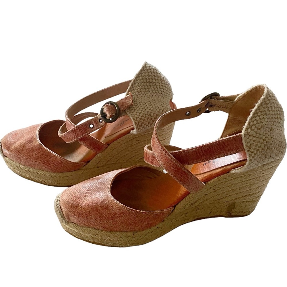 Bettye Muller Coral & Cream Espadrille Wedge Sandals – Summer Chic Platform Heel - Picture 8 of 12